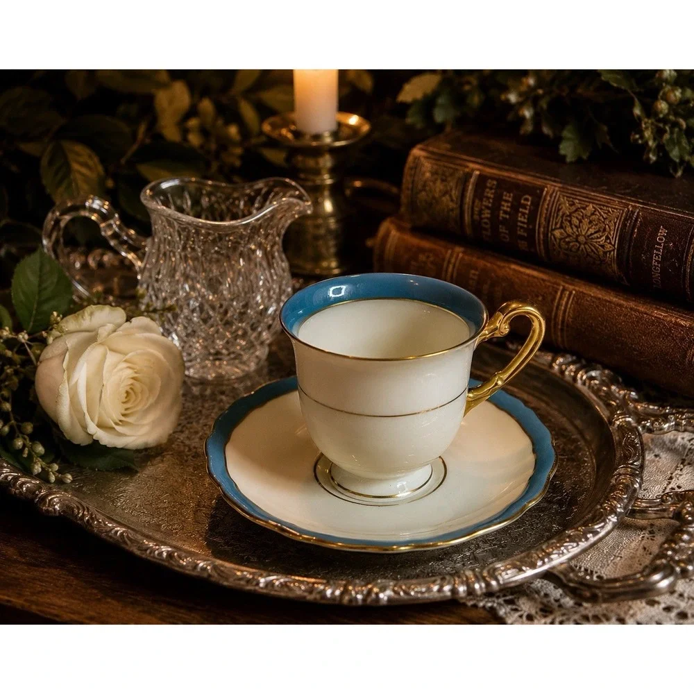Hohenberg Bavaria Demitasse Cup & Saucer Blue Gold Trim German Porcelain